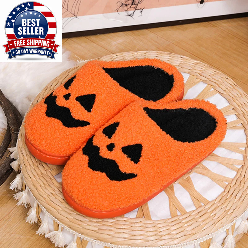Cozy Halloween Pumpkin Slippers Women Soft Plush Non Slip Indoor Cotton Slides W