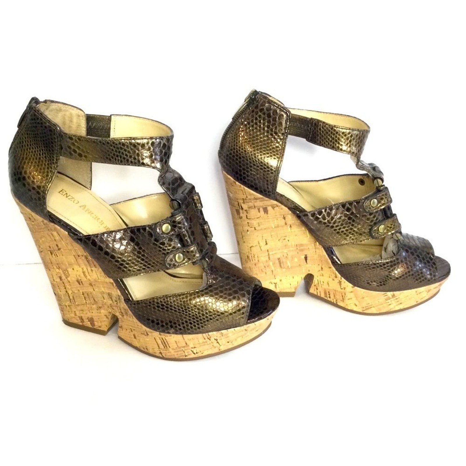 Enzo Angiolini Snake Print Cork Platform Heels