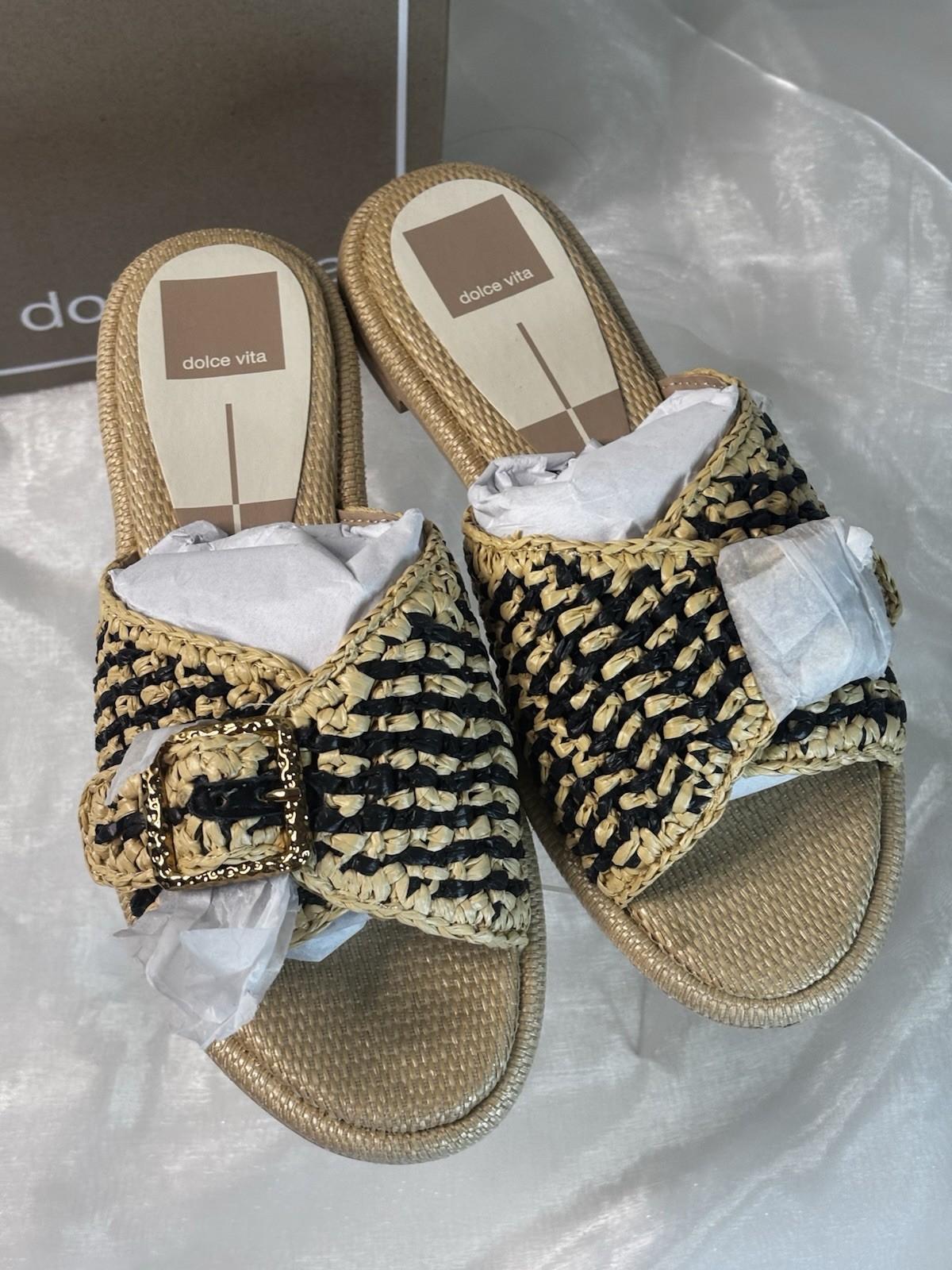 Dolce Vita Women’s Alonzo Slip on Slide Sandal Black/Natural Raffia