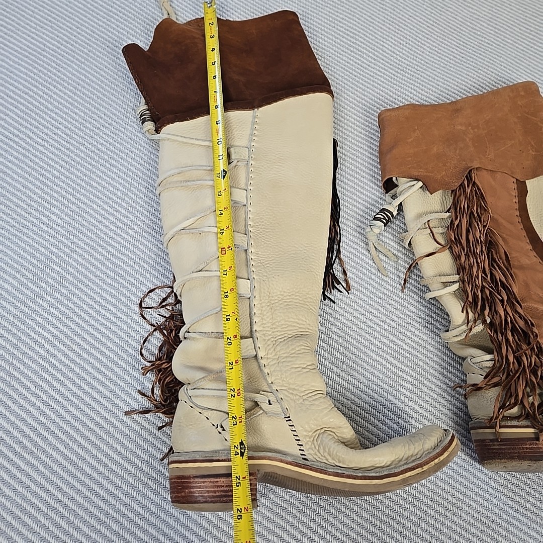 VTG 70s Hand Made Fringed Leather Western Boots Over Knee Concho Womens 9 USA