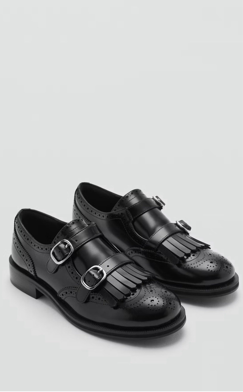 Mango MNG Black Smooth Leather Double Buckle Kiltie Loafer Women’s 9.5 NIB