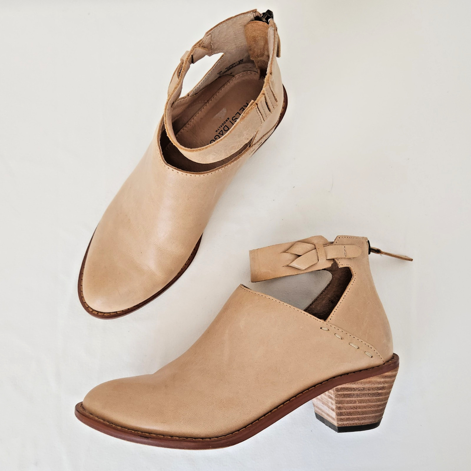 Kelsi Dagger Brooklyn Kadeeja Tan Leather Ankle Boots Zipper 2″ Stacked Heel US7