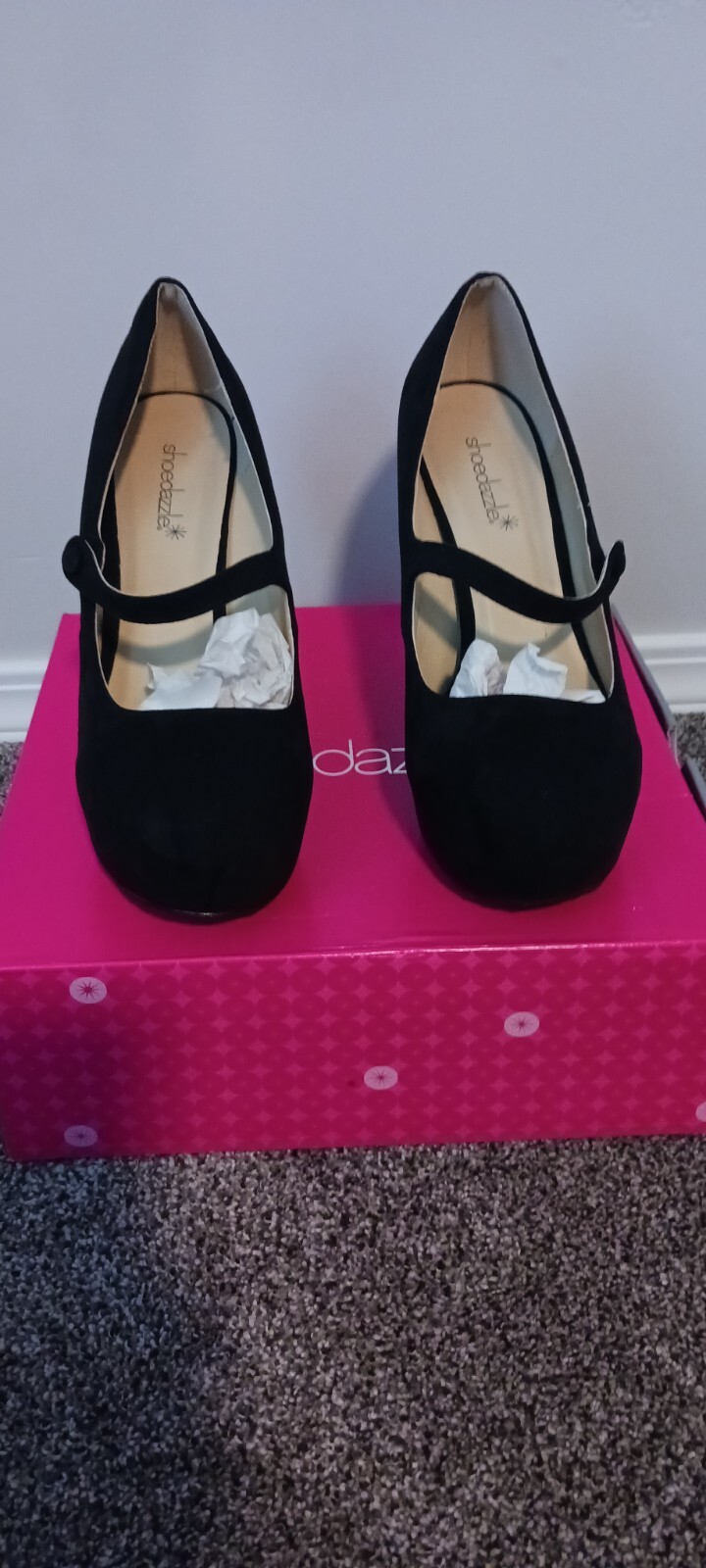 Shoedazzle Cici Black Fox Suede Wedges wIth Strap, size 10 women’s . New In Box