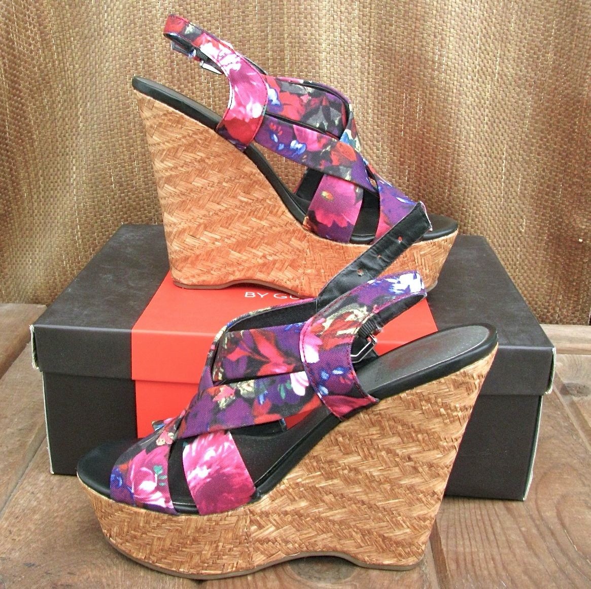 Wedge Platform Sandals Havana Dark Pink Purple Floral Open Toe Guess Size 6 1/2M