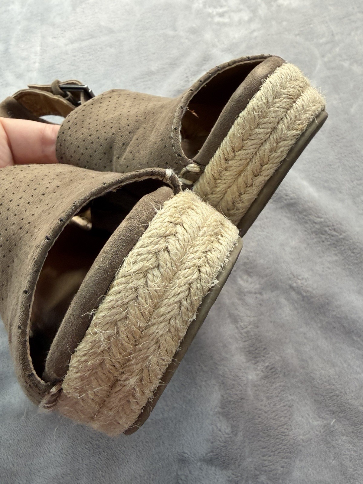 POP Women’s Taupe Suede Espadrille Wedge Sandals Perforated Ankle Strap