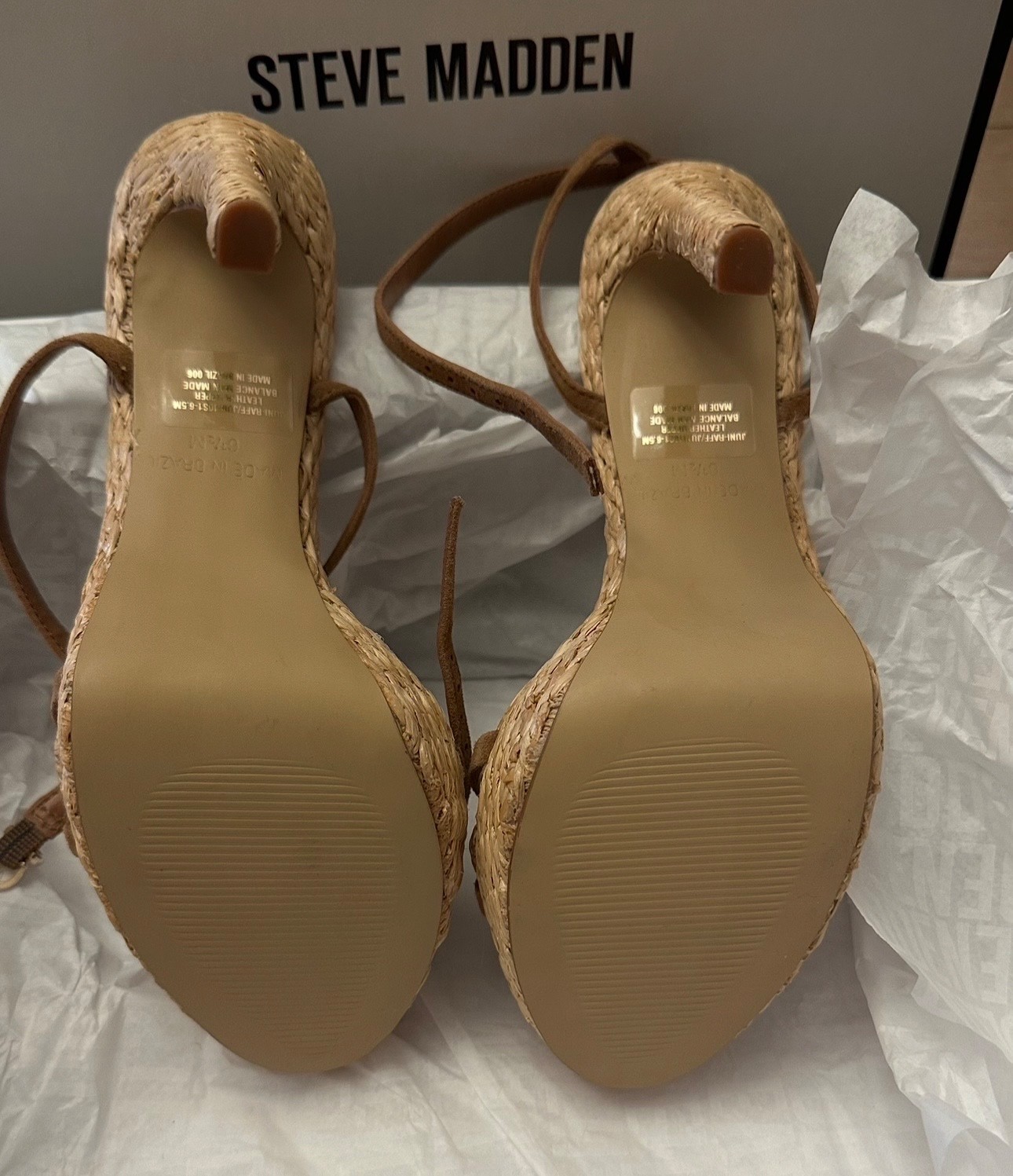 Steve Madden Juni Suede Raffia Strappy Heels Cogniac/ Tan/ Brown Sz 6.5