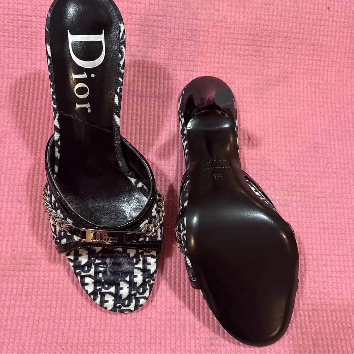 Dior Black & White Monogram cherry blossom Chain Heels Open Toe Leather Women’s6