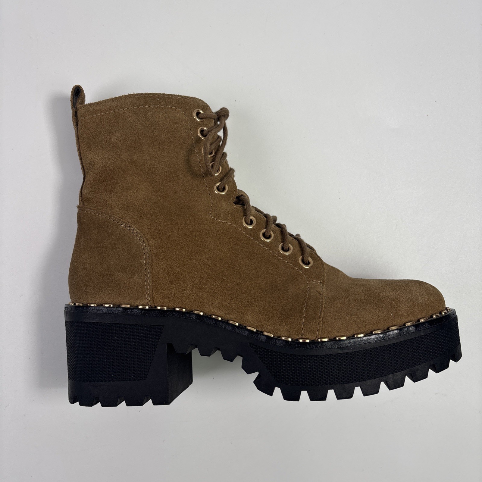 Vince Camuto Mecale Studded Combat Hiking Boot Suede Tan 7.5 M
