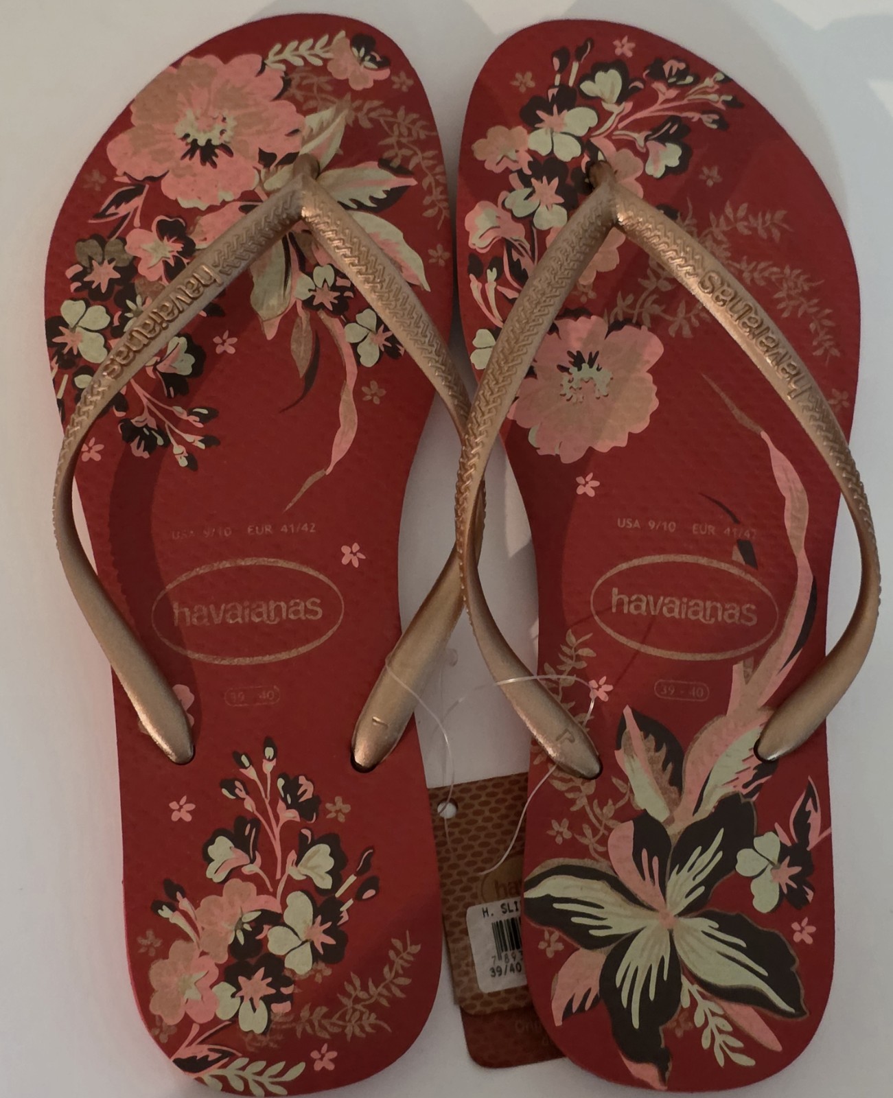 Havaiana’s Slim Organic Vermelho Apache Floral Flip Flops Size:9/10 USA Red Pink