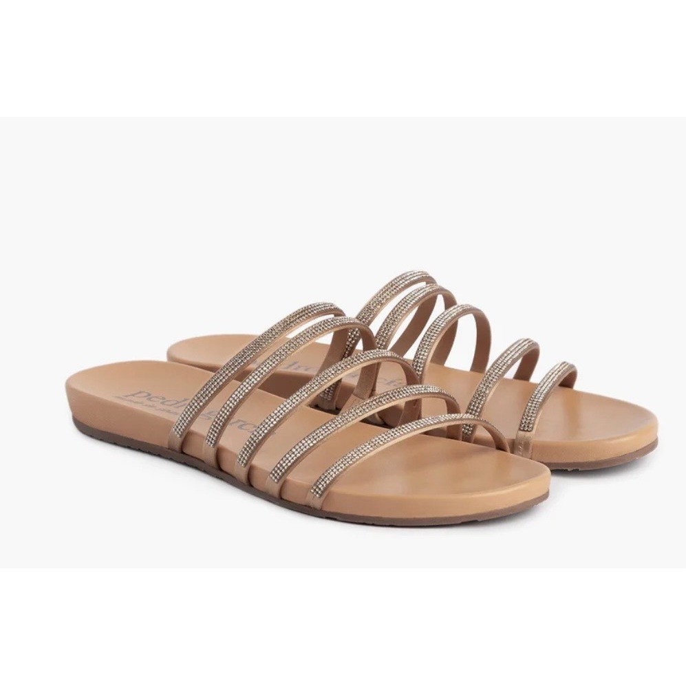 Pedro Garcia Swarovski Crystal Strappy Slide Sandals Tan Satin Made in Spain 37