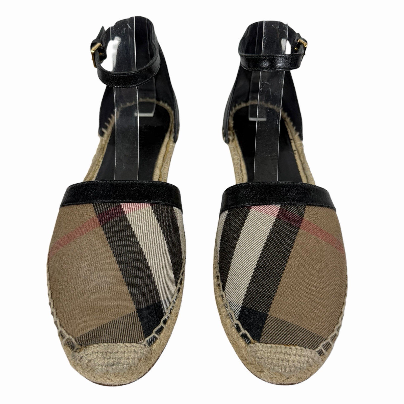 Burberry Abbington Nova Check Ankle Strap Espadrille Flats Black Women Size 41