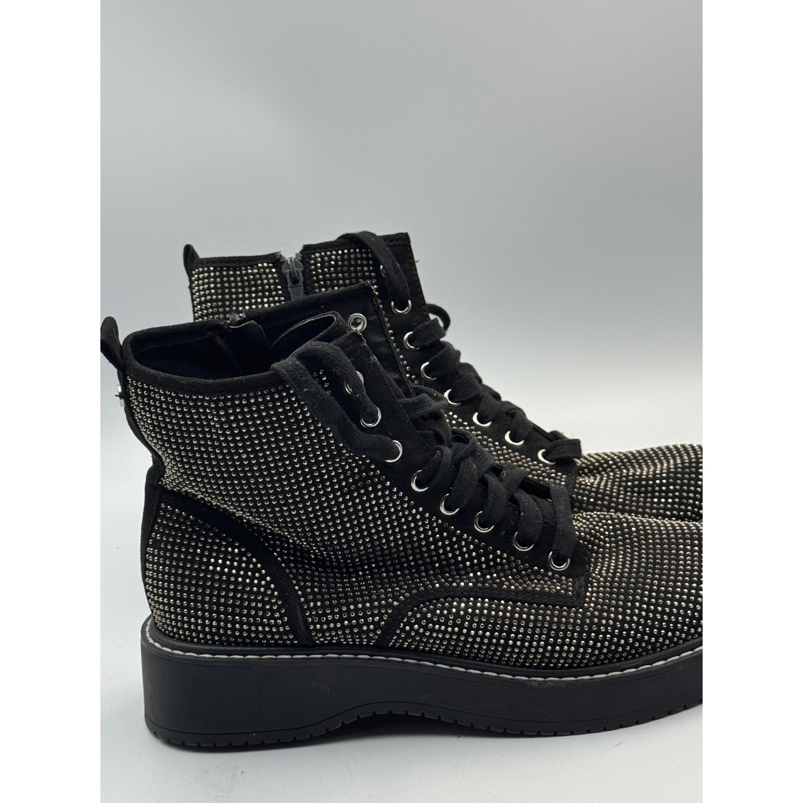 Black Rhinestone Studded Platform Combat Boots Lace Up Side Zip Edgy Glam