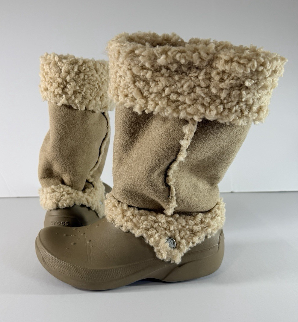 Crocs Nadia Women’s Beige Faux Fur Lined Fur Trim Pull On Mid-Calf Boot Size 7