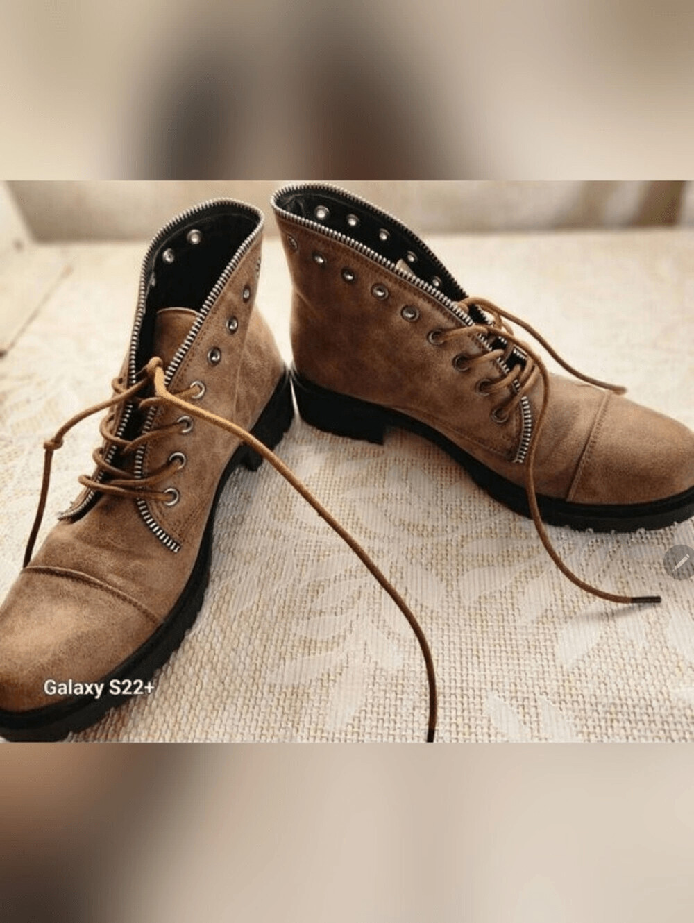 Cupid faux Leather Lace-Up Ankle Boots in Taupe w metal eyelets and zipper trim