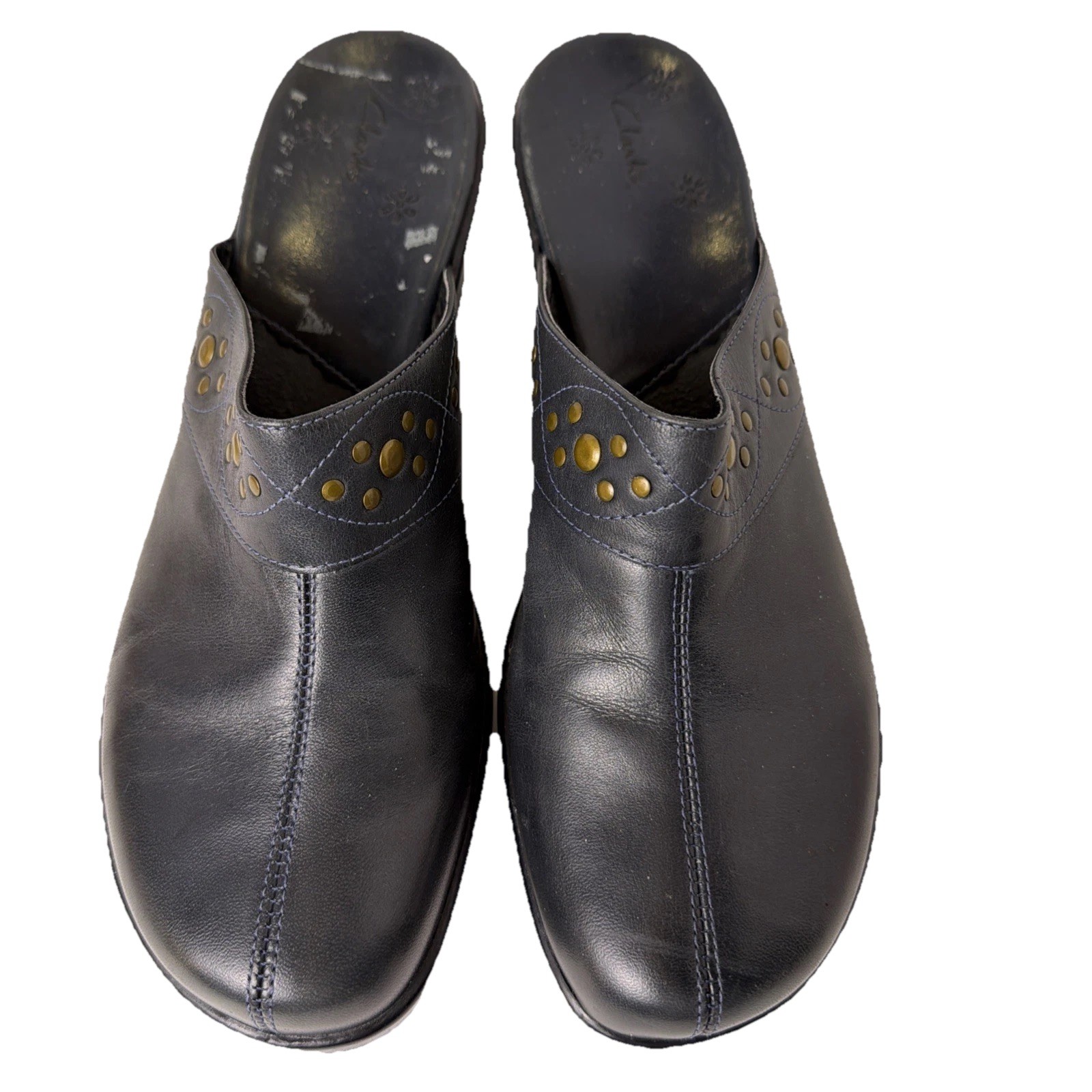 Clarks Studded Mules Leather Sz 10 Dark Gray (See Photos)