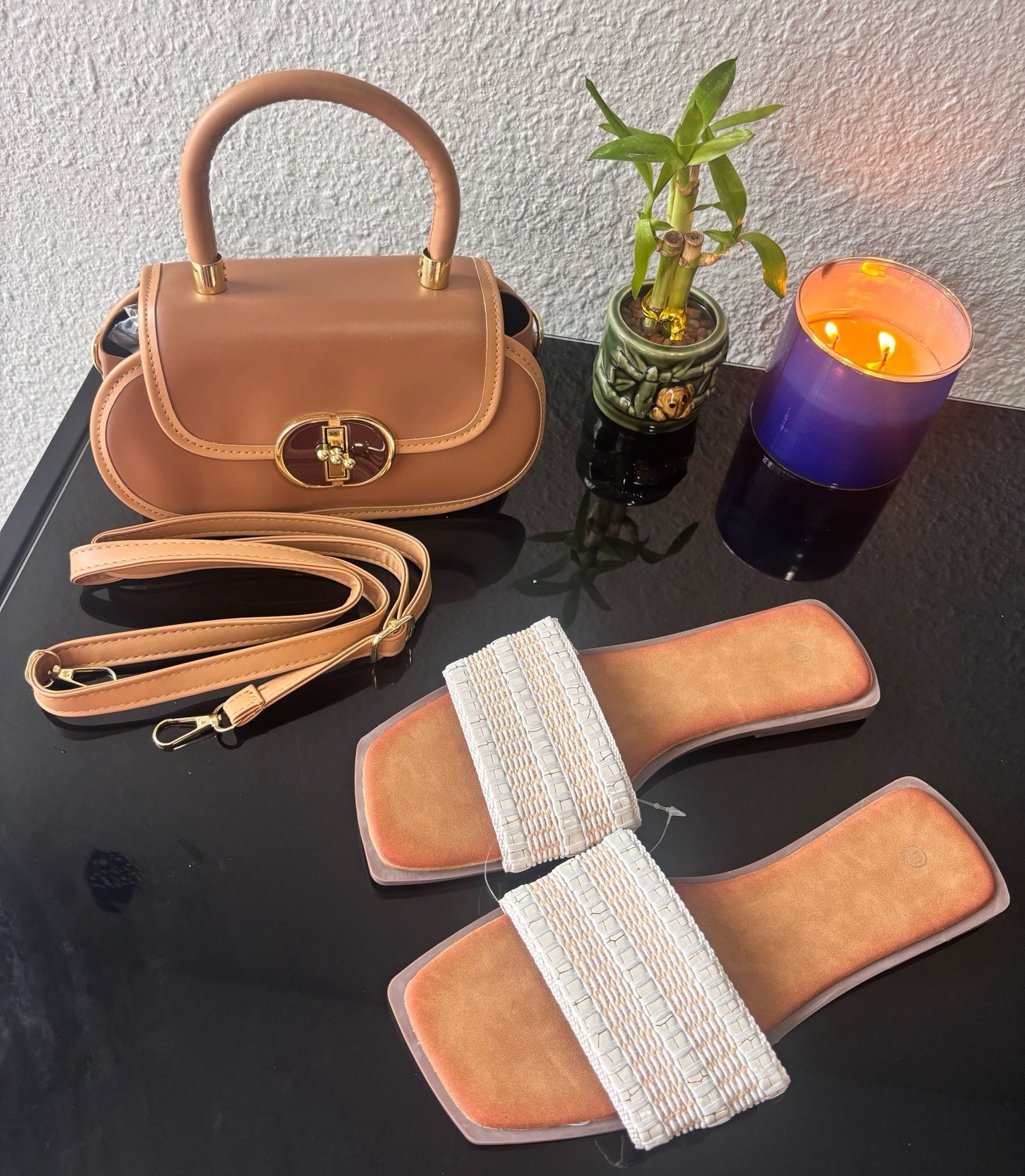 New women’s handbags and flat sandals. Available separately or as a set.