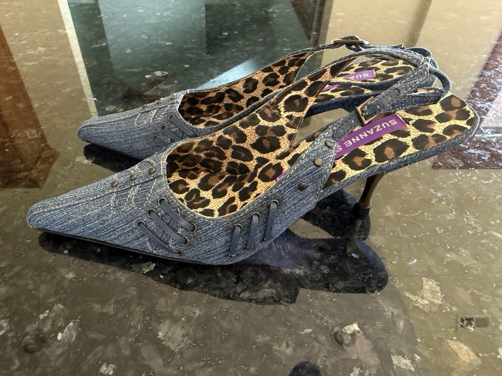 NIB Suzanne Somers Strappy Slingback Denim Leopard Heels Sandals Size 6.5