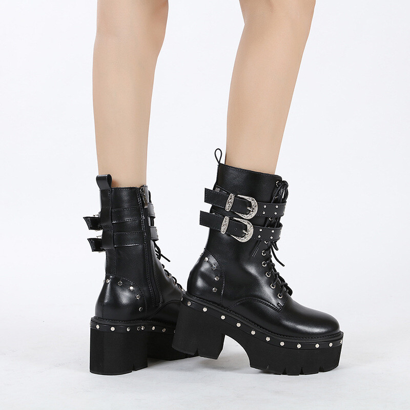 Men’s Studded Rivet Platform Motorcycle Ankle Boots Punk High Heel Leather Shoes