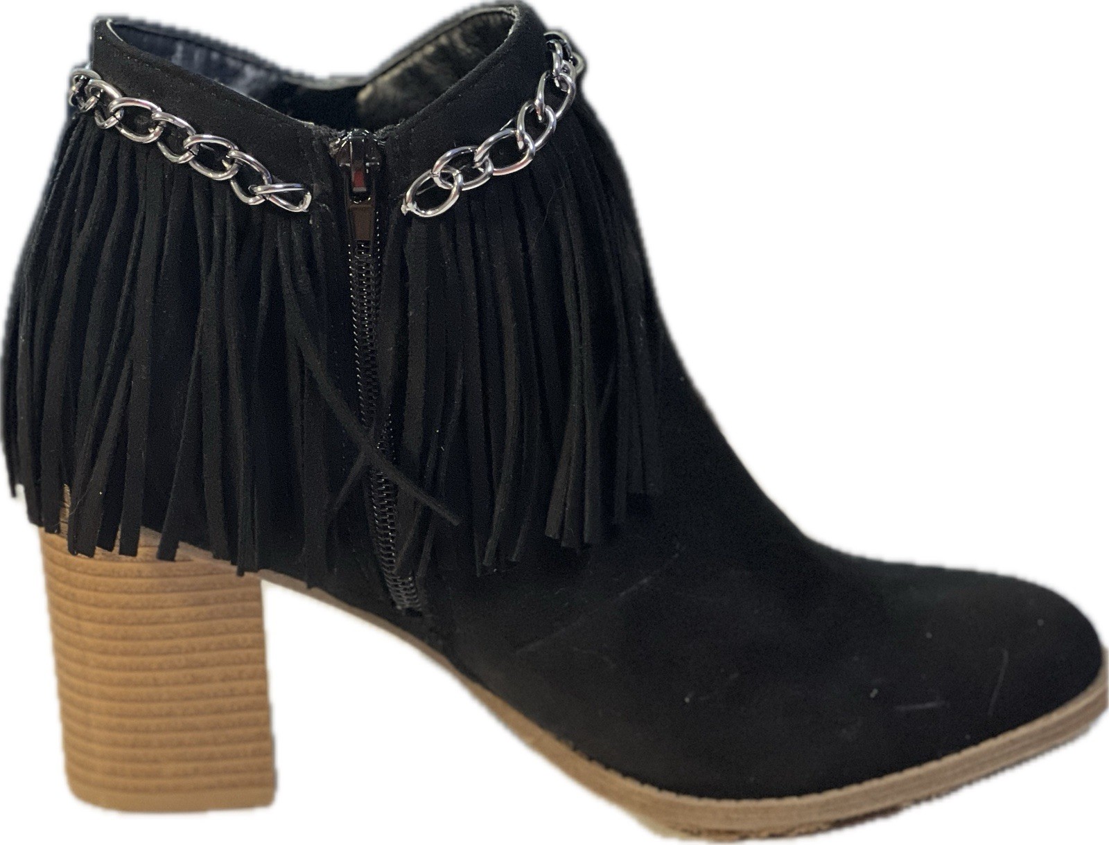 Mata Booties Fringe Women’s Size 10 Michelle 1 Black Chain 3″ Heel Side Zip Y2K