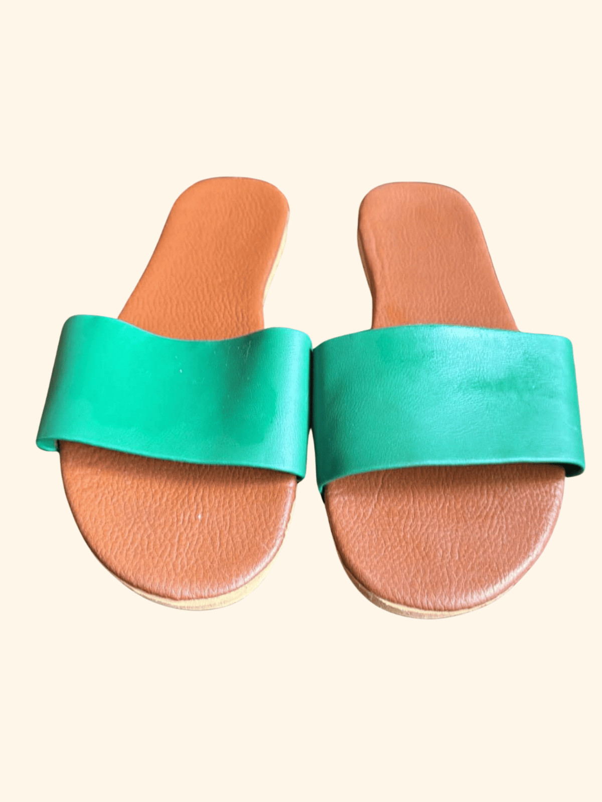 Handmade Leather Flat Sandals Women Slide Summer Shoes Turquoise Green Size 7.5