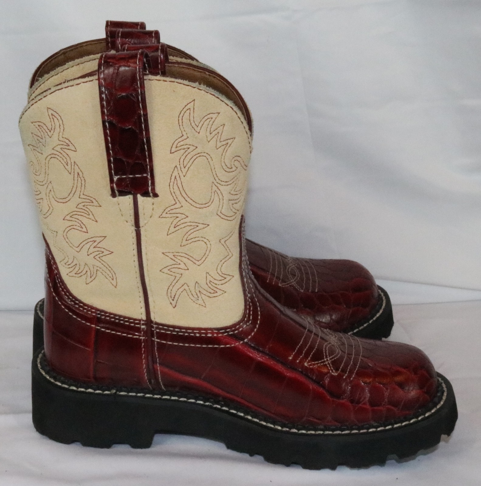 Ariat Fatbaby 14709 Women Red Croc Embossed Leather Western Boots 5.5B Tan Suede