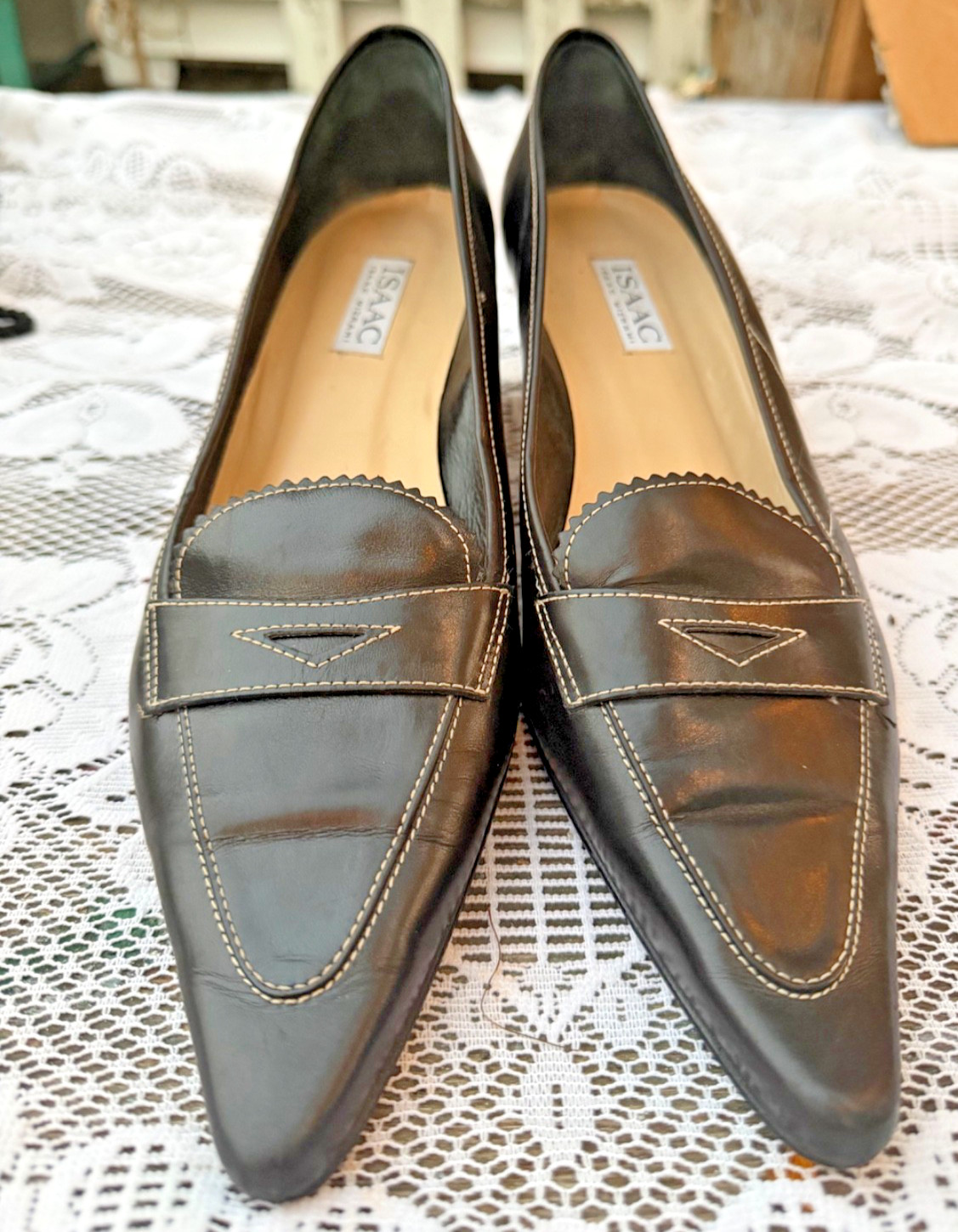 Isaac Mizrahi Black Leather Pointed Toe Penny Loafer Pumps 10B