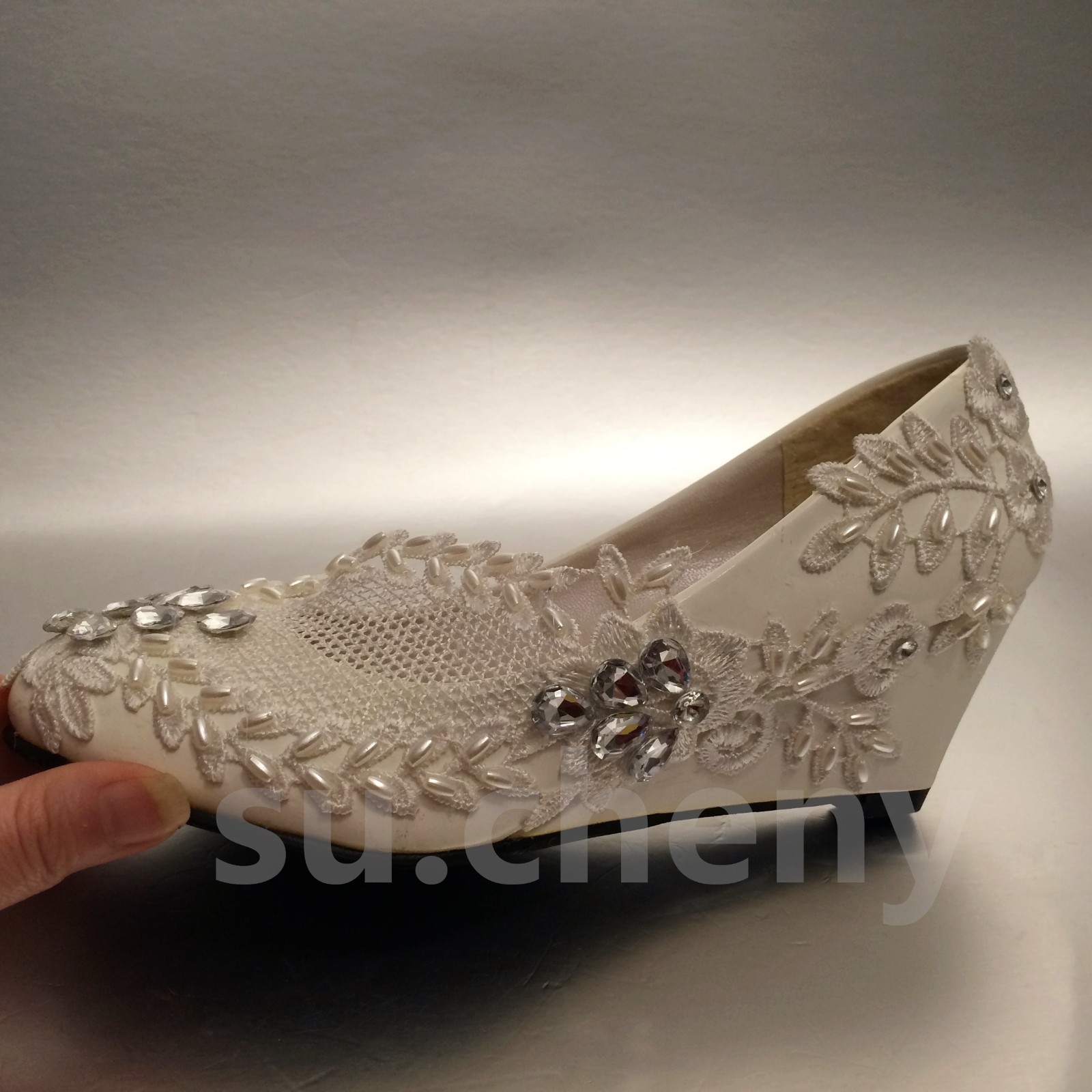 su.cheny White ivory wedge pearls lace crystal rhinestone Wedding Bridal shoes