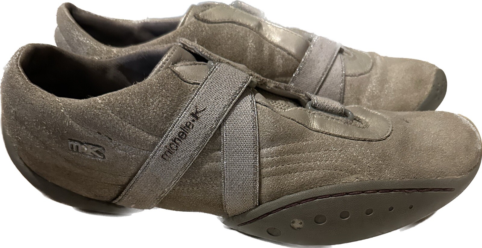 Michelle K Leather gold gray casual athletic walk slip on no lace SN 32075 SZ 7