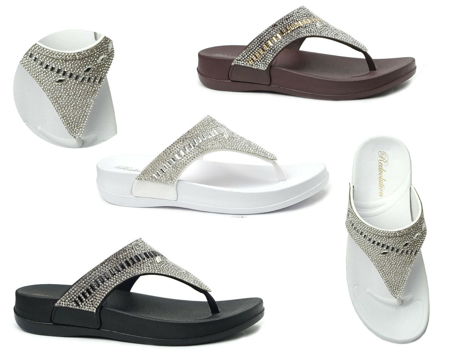 NEW Women’s Rhinestone T-Strap Midsole Sandals Beaded Flip Flop