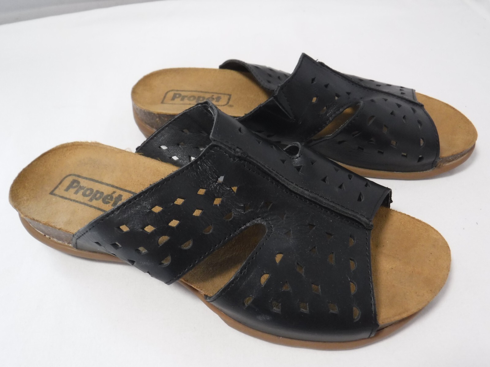 PF2 Propet Shoes Women 7.5W Fionna Black Comfort Slide Sandal Cutout Leather