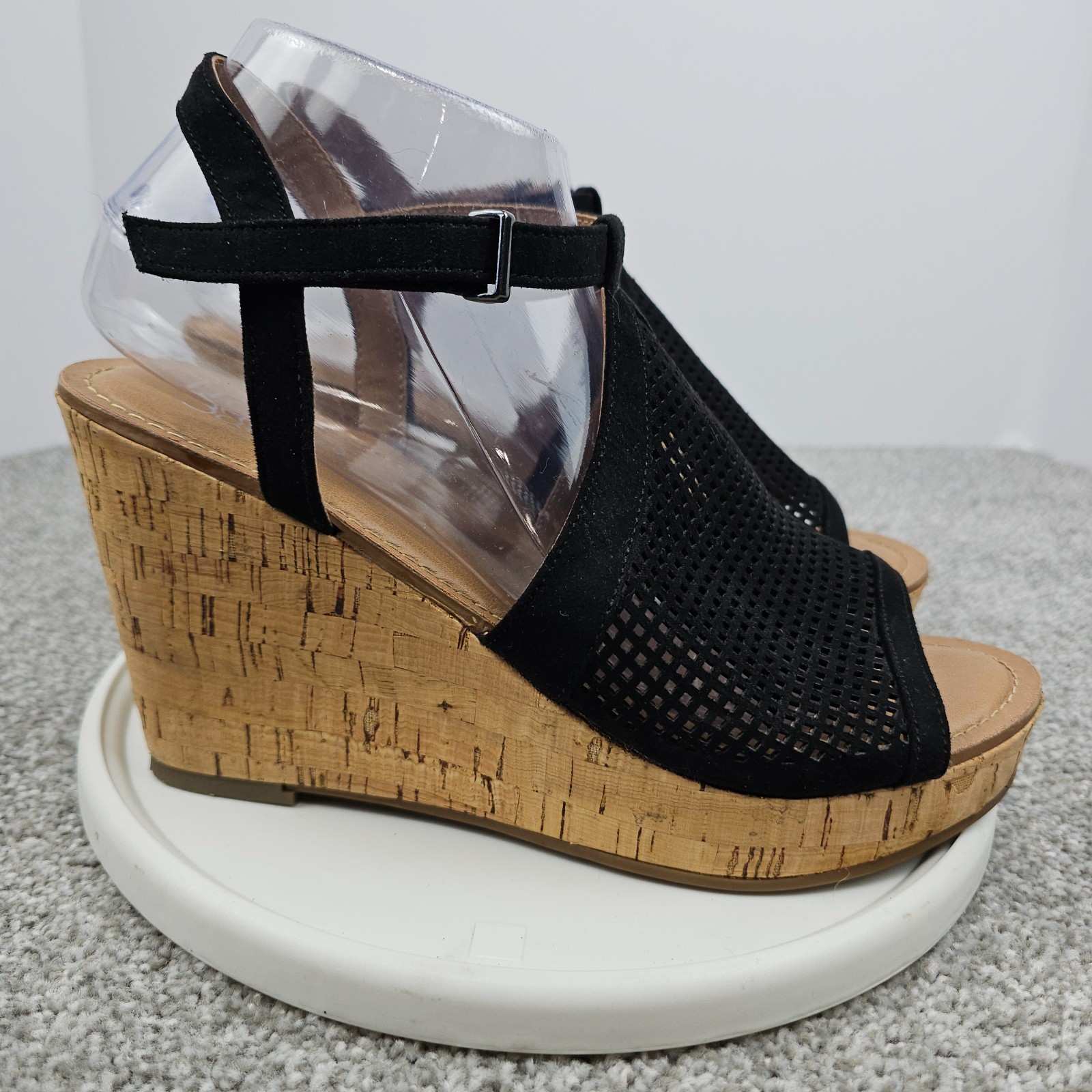 Franco Sarto Wedge Sandal Womens 9M Cork Platform Black Vegan Suede