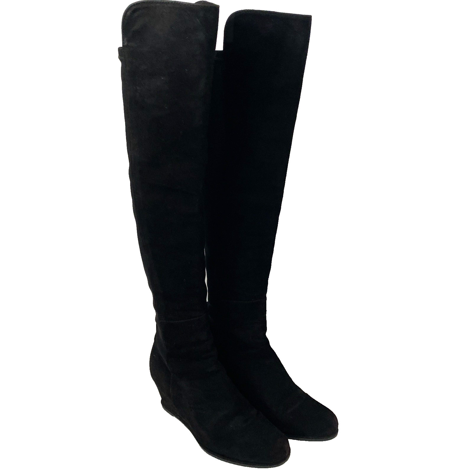 Stuart Weitzman Semi Boot Tall Stretch Back Suede Wedge Round Black OTK 5