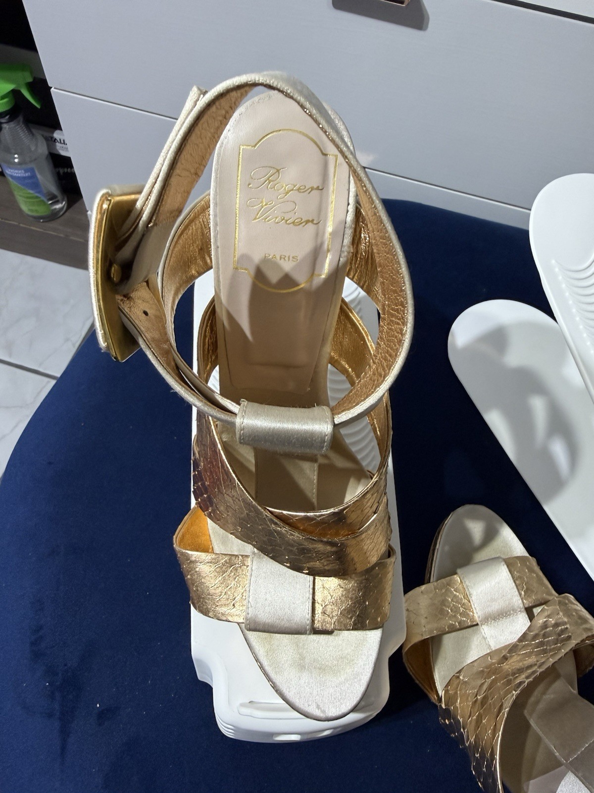 Roger Vivier Strappy Satin Gold Ankle Heels