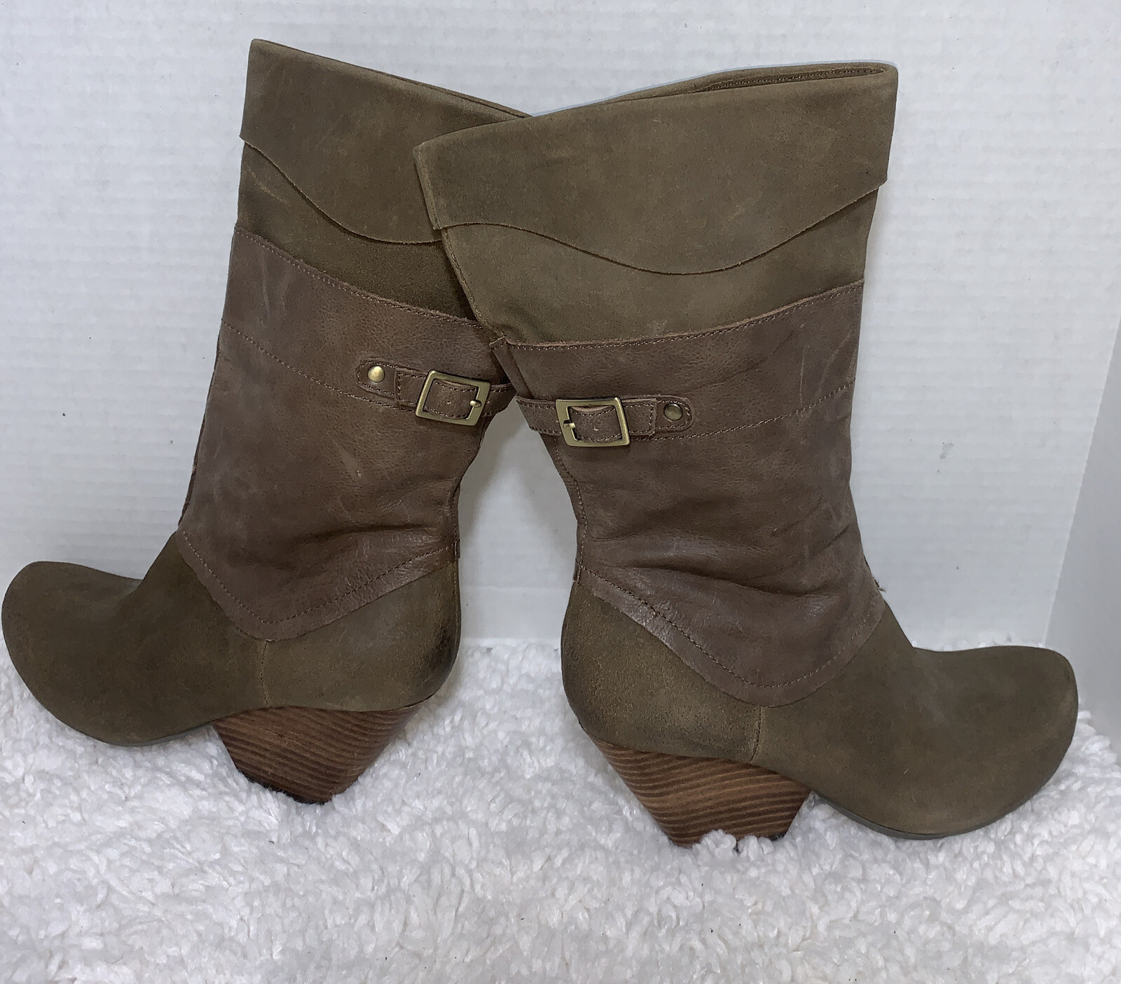 OTBT Roswell Size 7 Boots Mud Leather Mid Calf Slouch Round Toe Mud Brown Y2K