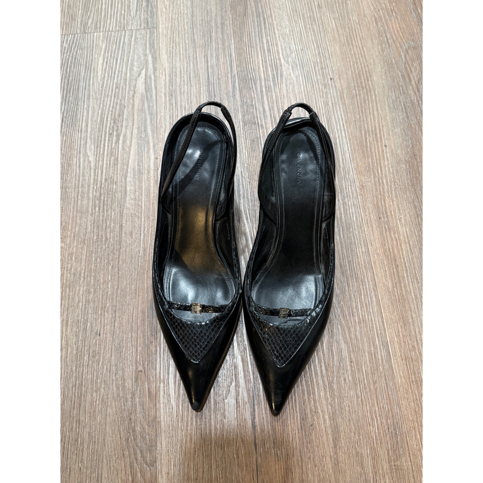 Givenchy Black Leather Snakeskin Pointed Toe Slingback Wedge Heels 4G Logo 38