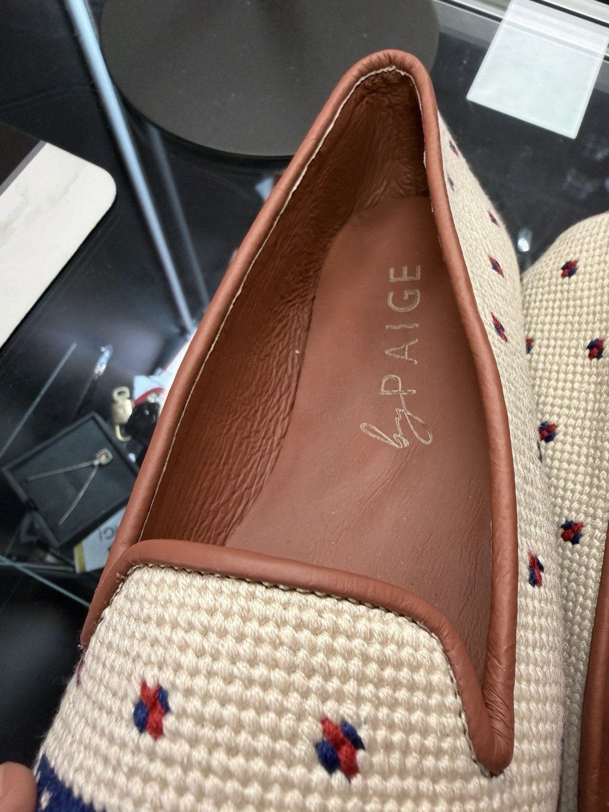 By Paige Needlepoint Loafer American Flag Tan Red White Blue Size 8