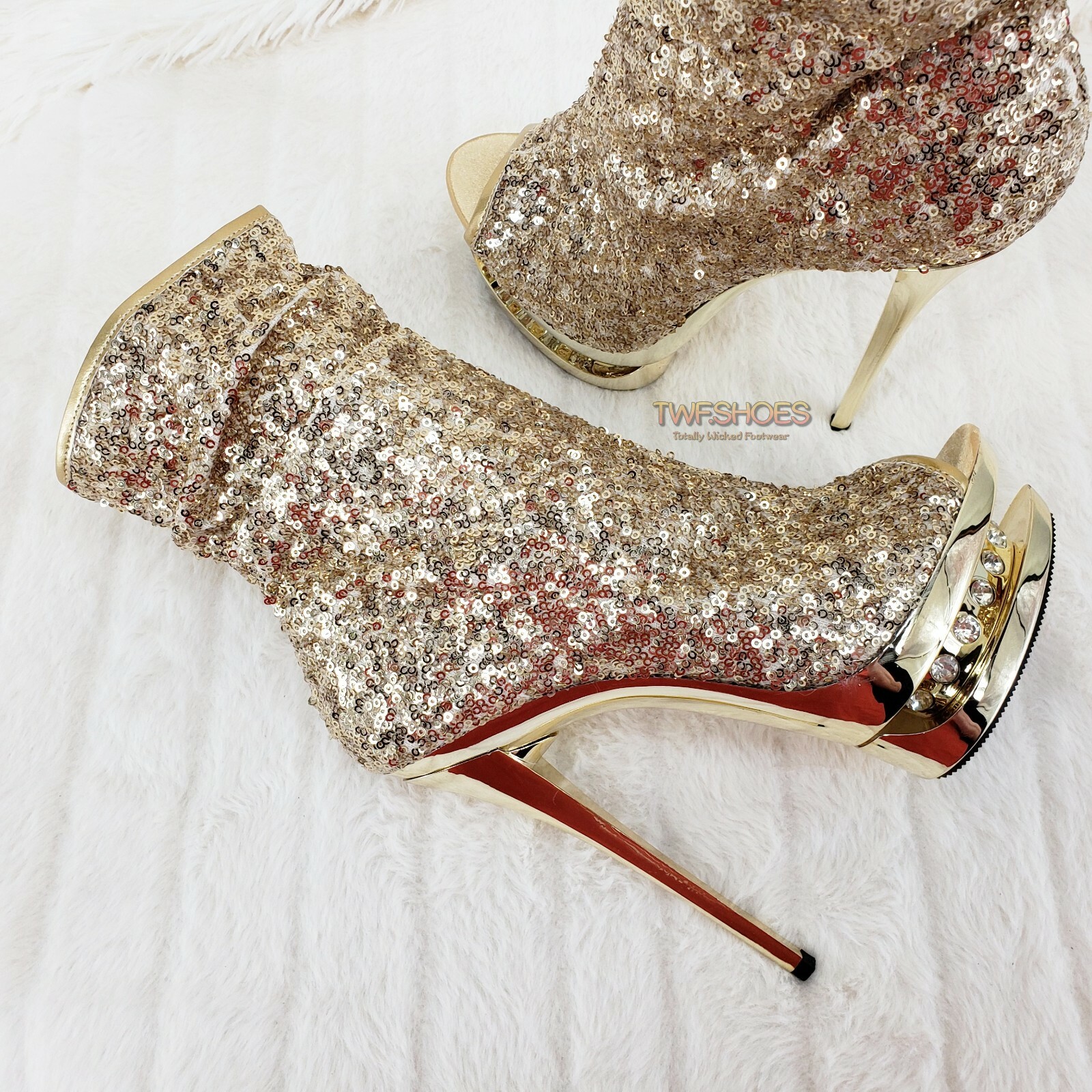Blondie 1008SQ Sexy Gold Sequin Slouchy High Heel Platform Ankle Boots NY