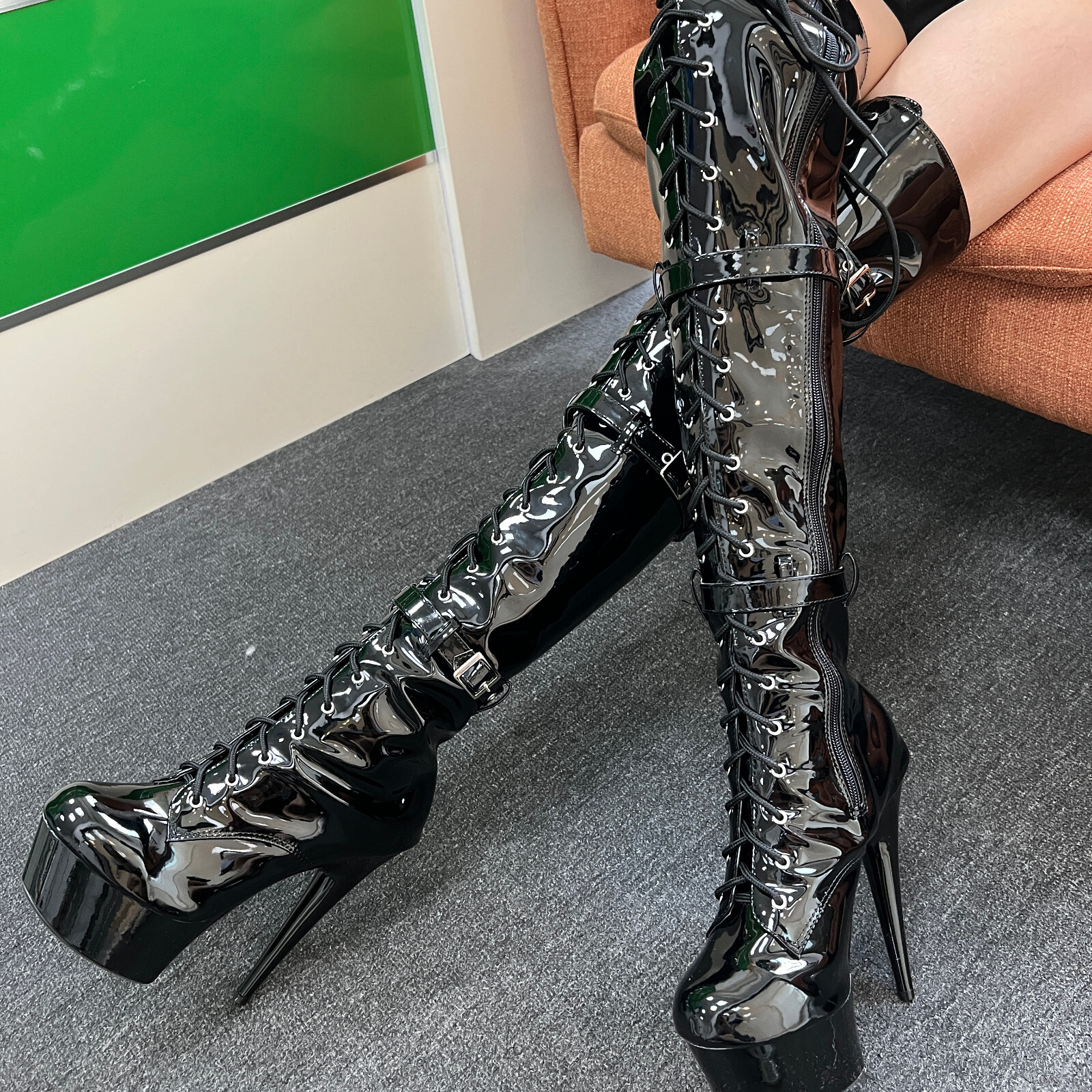 Women’s Patent Leather Thigh High Halloween Boots Zip Sexy Stripper Club Shoes