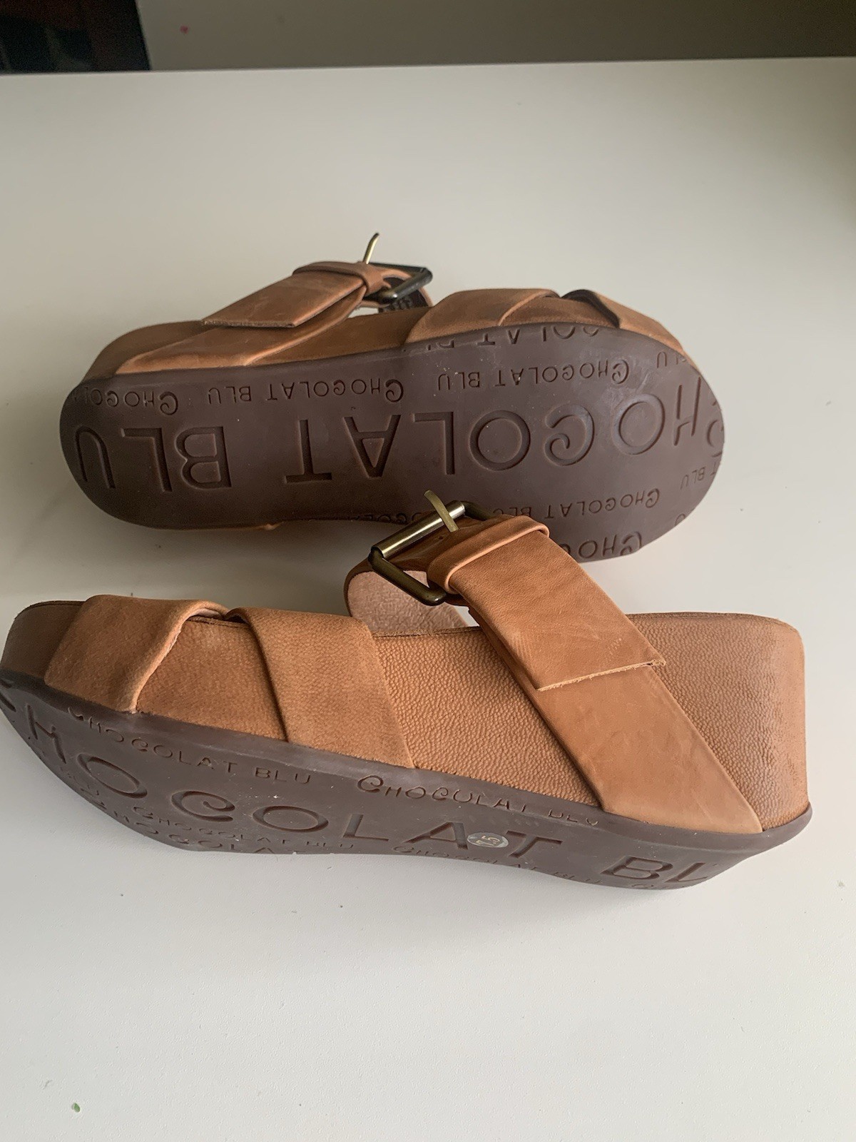 Chocolat Blu Leather Wedge Slide Sandals Brown Buckle Comfort Women’s Size 7.5
