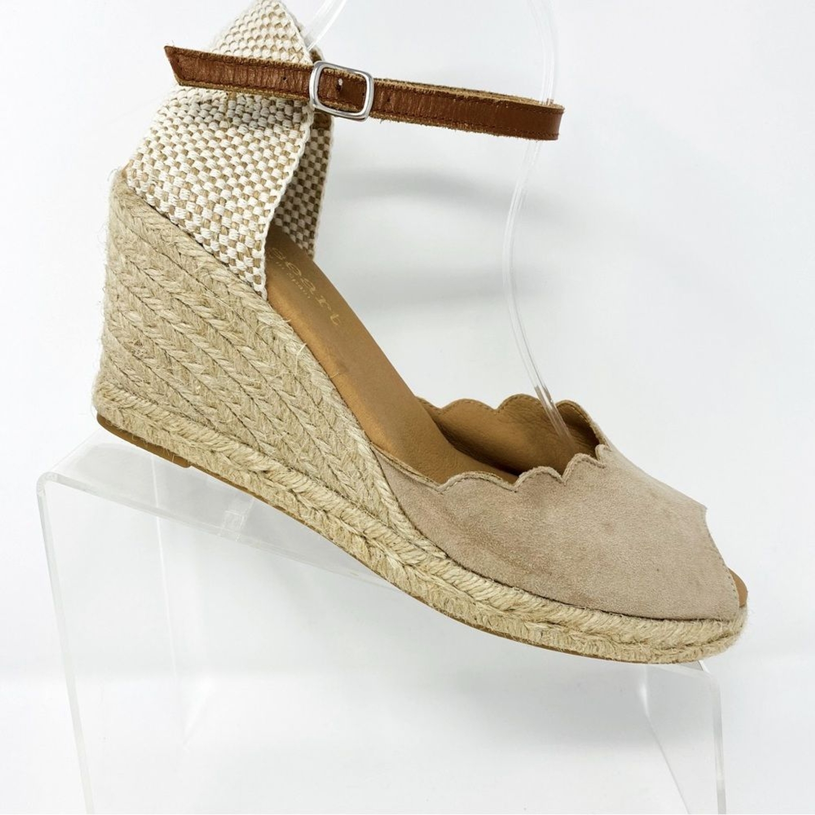 PASEART 41 / 9.5 Peep Toe Taupe Suede Espadrille Scallop Boho Wedge Sandal Spain
