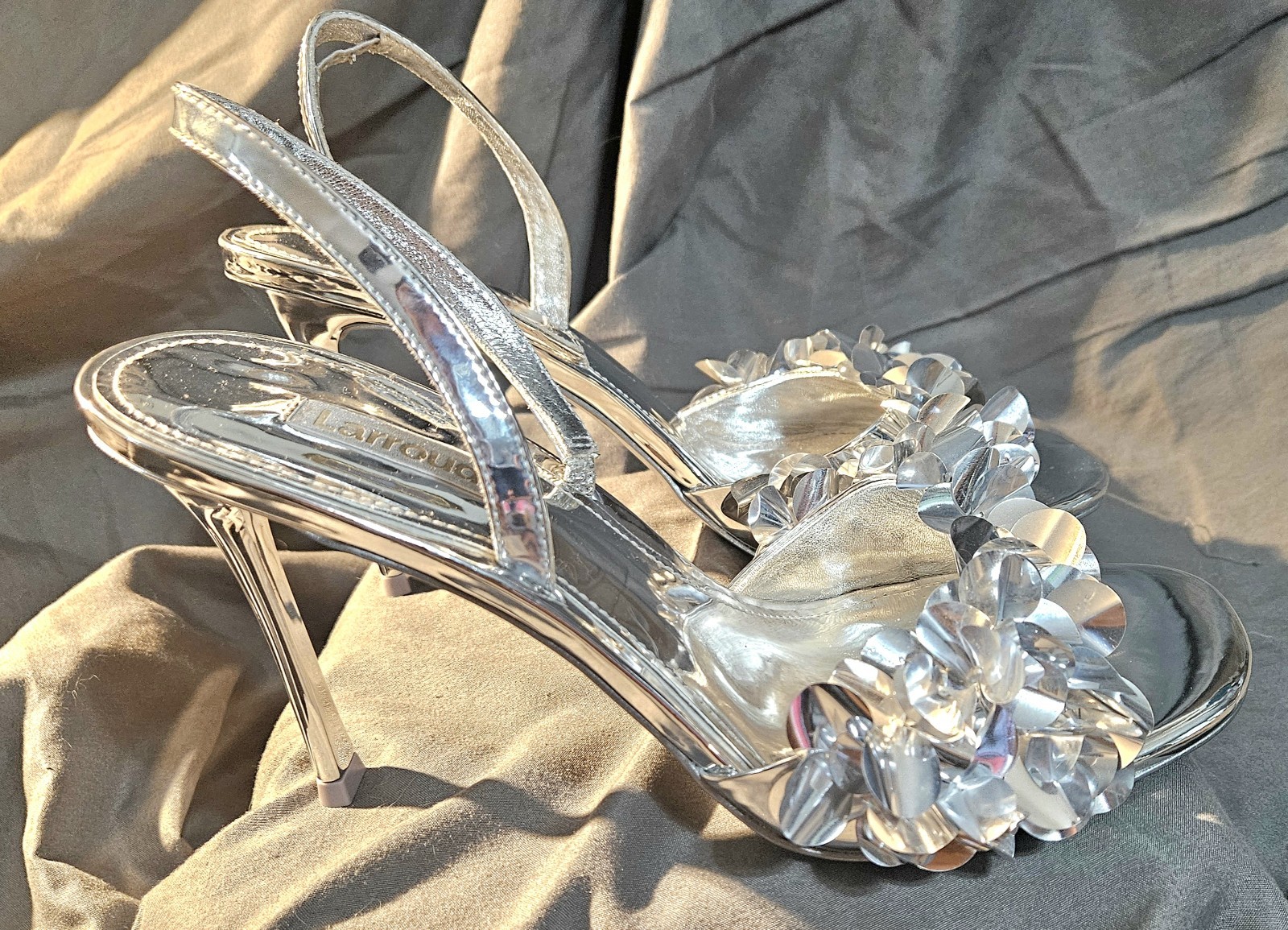 Womens Larroudé Morgan Sandals Silver Specchio Size 10 Stiletto Sling Back…