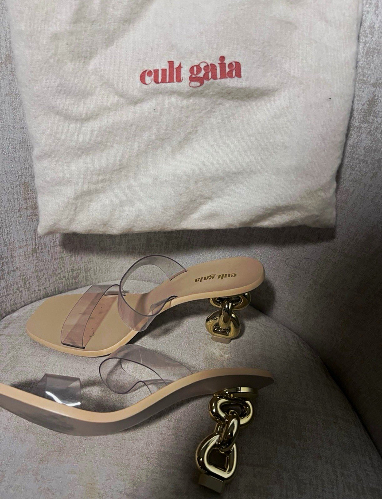 Cult Gaia Women’s Slide Sandals US 7 Beige Clear PVC Straps Gold Chain Heel