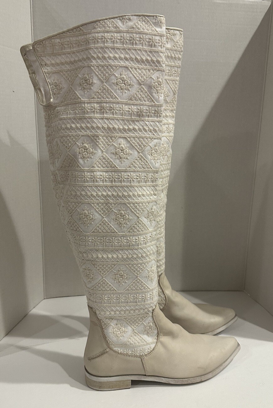 FREE PEOPLE Bren Ecru Slouch Boots Textile/Leather US 10 / EU 40 NEW Retail $298