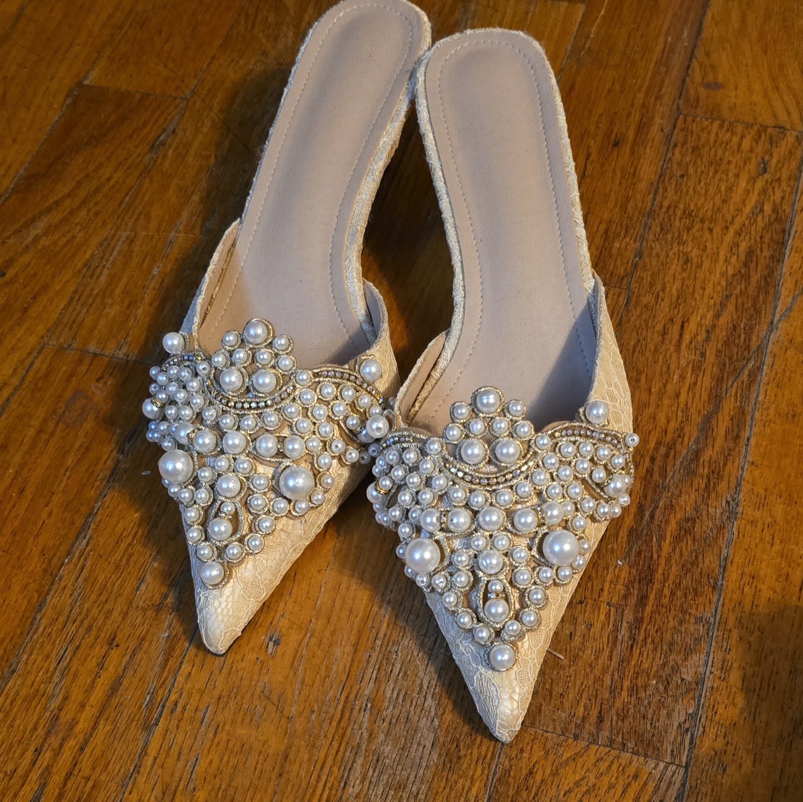 Vita Grace Cream Pearl Beaded Bridal Kitten Heel Mule