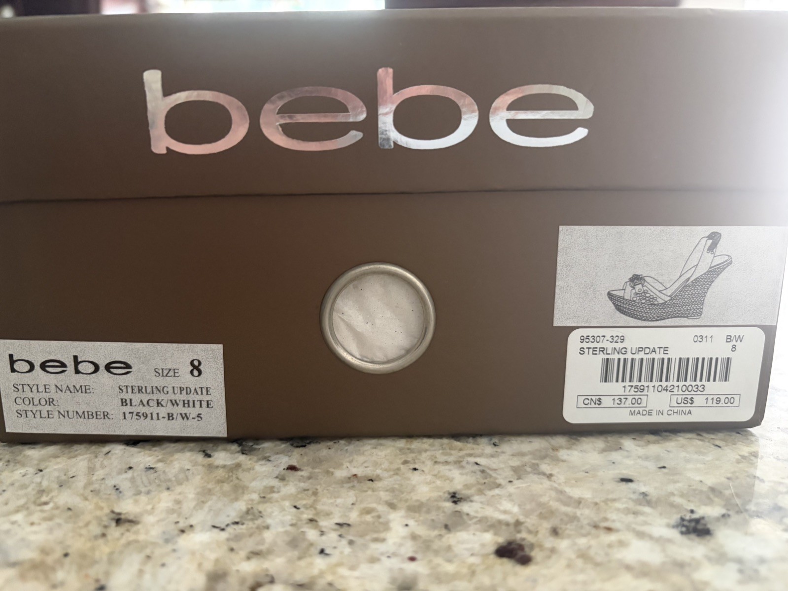 Bebe “Sterling Update” Black/White wedge sandal. Size 8. Brand new. Beautiful!!