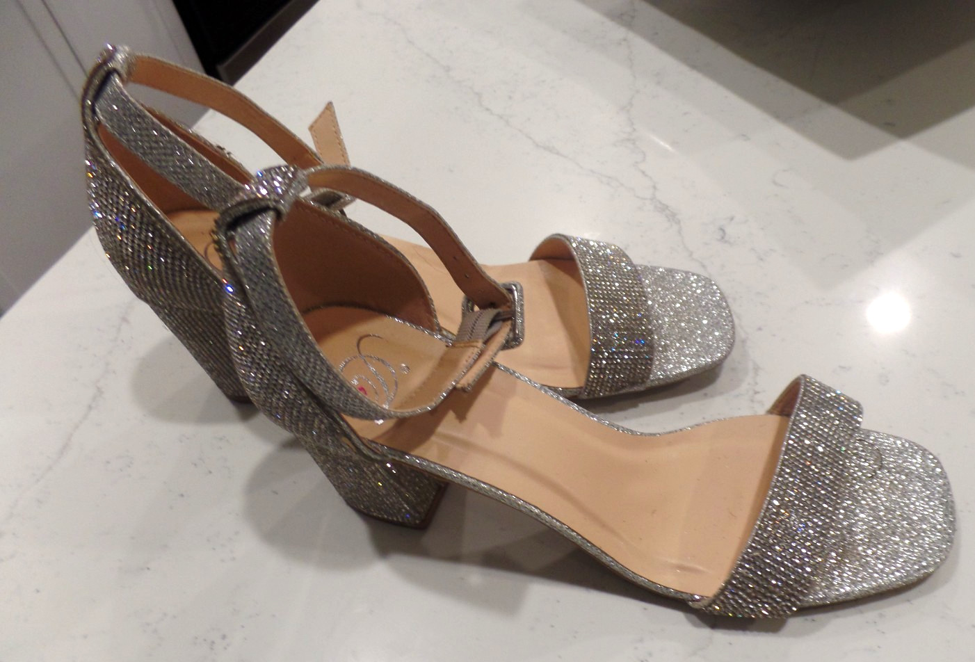 LADIES, SILVER, HIGH HEEL SHOES, WORN ONCE INSIDE, SIZE 9