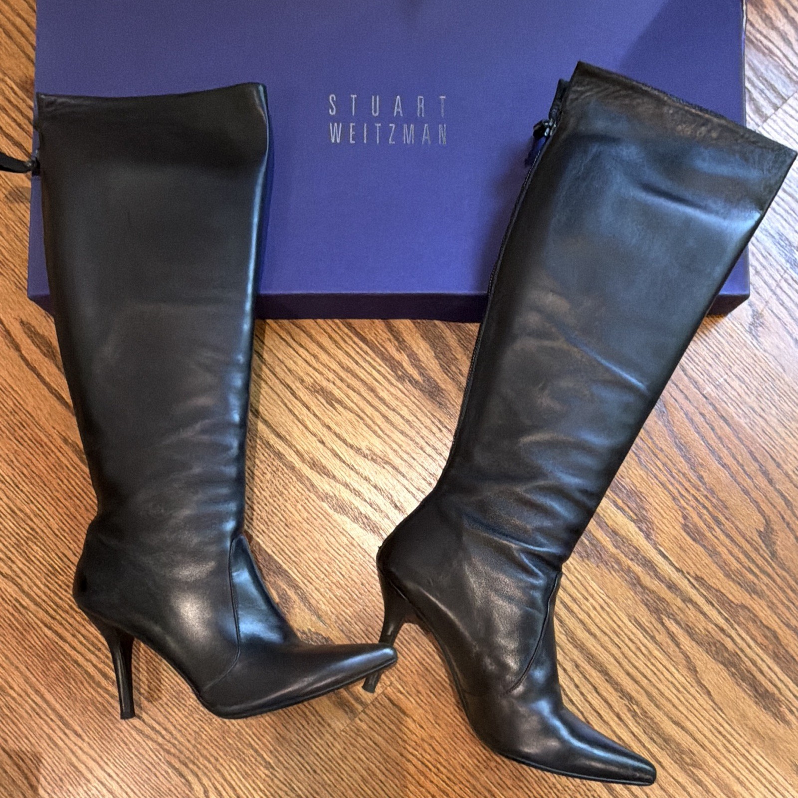 Stuart Weitzman Soho Black Leather Knee High Pointed Toe Zip Boots 6.5 M