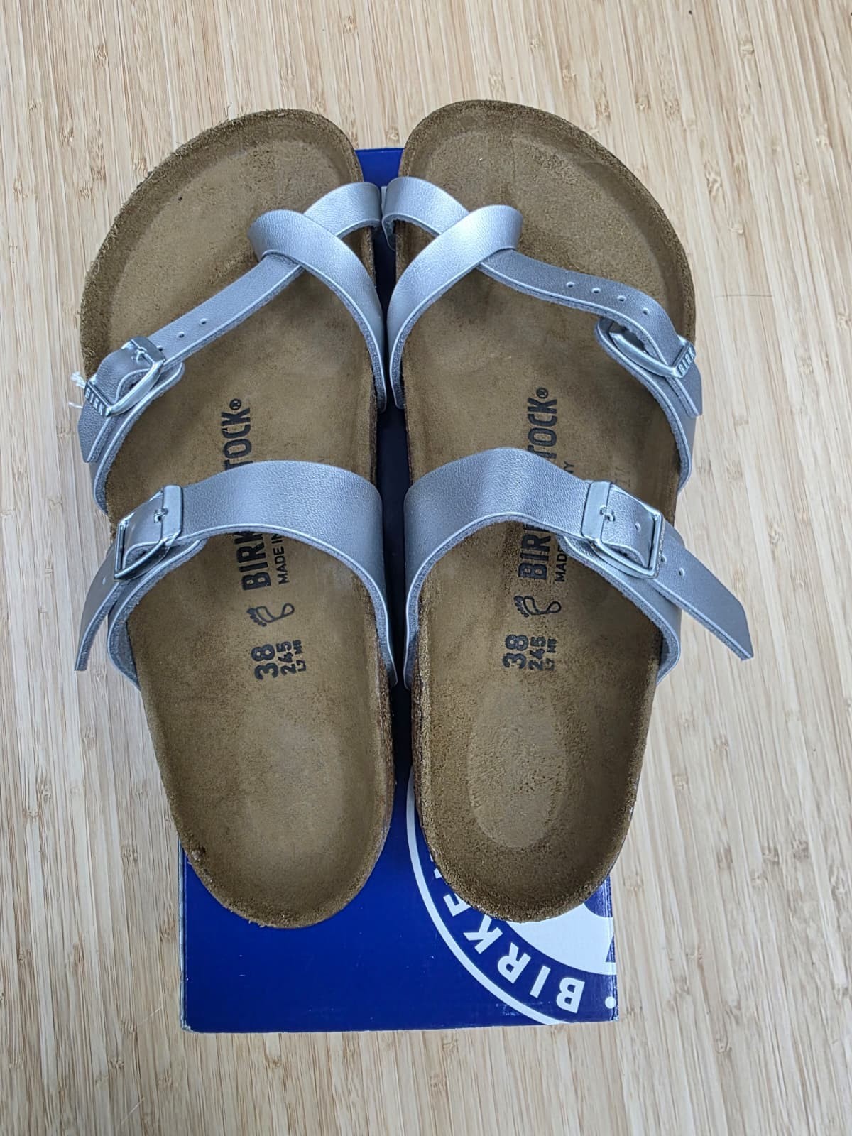 Birkenstock Unisex Mayari Stone Birko-Flor Sandals SILVER Size EU38/US L7.0-M5.0