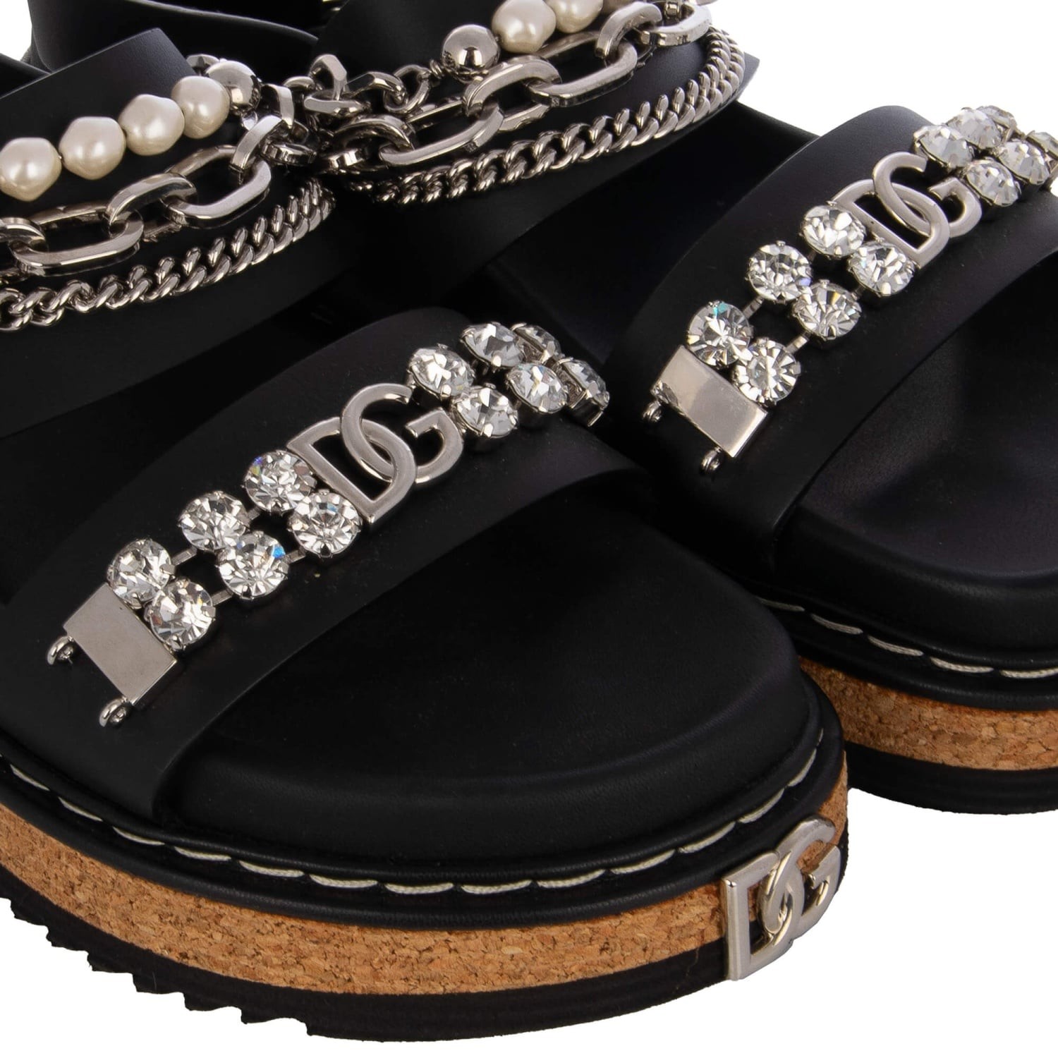 DOLCE & GABBANA DG Logo Pearl Crystal Chain Plateau Sandals KEIRA Black Silver