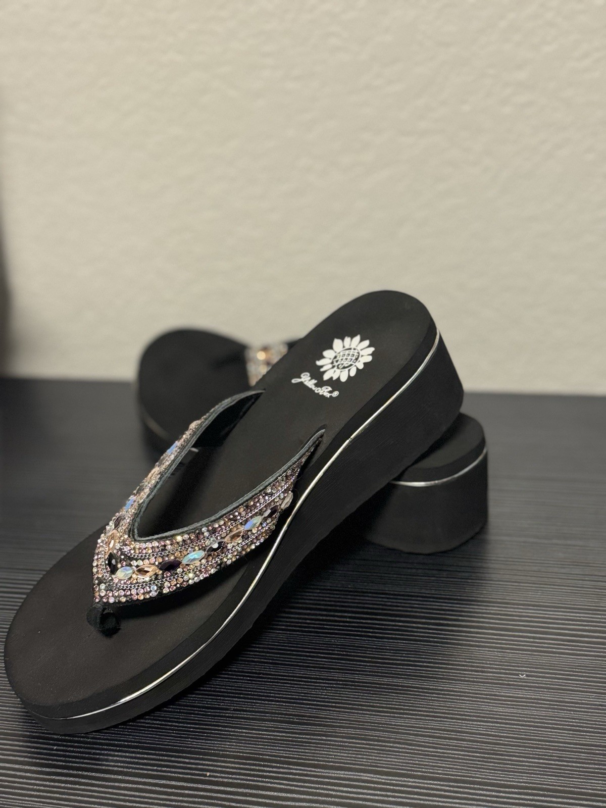 Yellow Box Black Suede Thong Wedge Sandals Beaded Rhinestone Slip-On 8